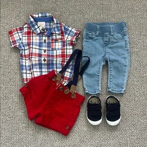 Cat & Jack baby boy Plaid Shirt and Red Shorts, Gap jeans, Victoria shoes 0-3 mo